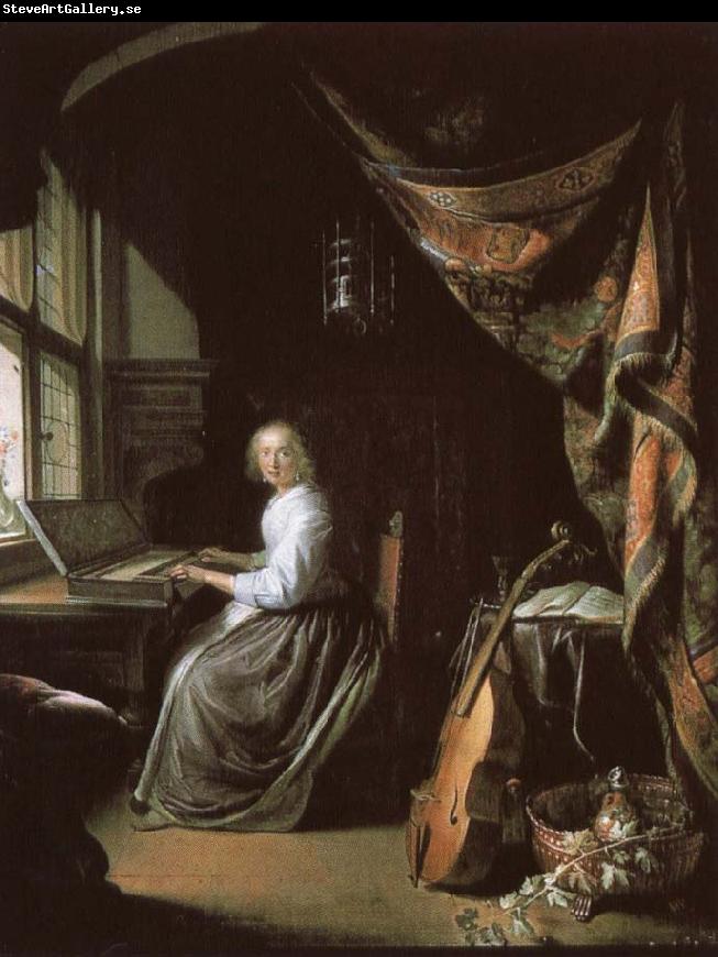 christian schubart a 17th century dutch painting by gerrit dou of woman at the clvichord.